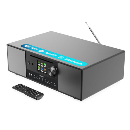 Internetiraadio CD-mängija ja Bluetoothiga | 120 W 2.1 stereo DAB-raadio sisseehitatud subwooferiga | WiFi-ühendusega internetiraadio Spotify Connecti, taskuhäälingusaadete ja FM-iga | Värviline ekraan | Majority Quadriga internetiraadio
