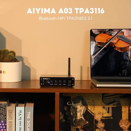 AIYIMA A03 TPA3116 Subwoofer Bluetooth 5.2 Stereo Amplifier 2.1 Channel HiFi Power Amplifier 50W x 2 + 100W Audio Amplifier with DC 24V Power Supply