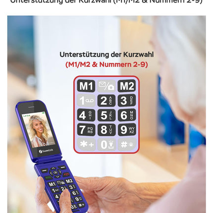 SweetLink F4PLUS 4G - lepinguta seenioride mobiiltelefon suurte nuppudega, 2,8-tollise ekraaniga seenioridele mõeldud mobiiltelefon, 1400mAh aku, SOS-hädaabikõne funktsioon, fotokontakt, USB-C laadimisjaam, kahekordne nano-SIM, sinine