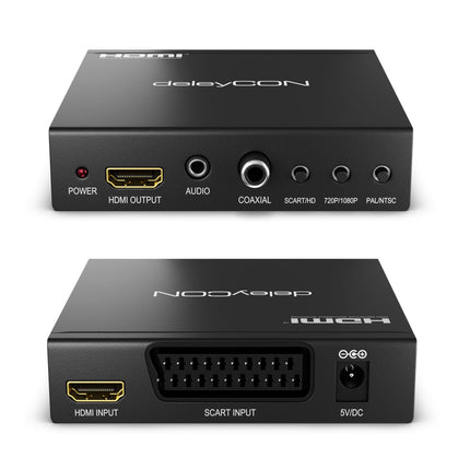 deleyCON SCART to HDMI Converter with Audio Extractor SCART + HDMI Input to HDMI Output Coaxial + 3.5mm Audio Output SCART to HDMI