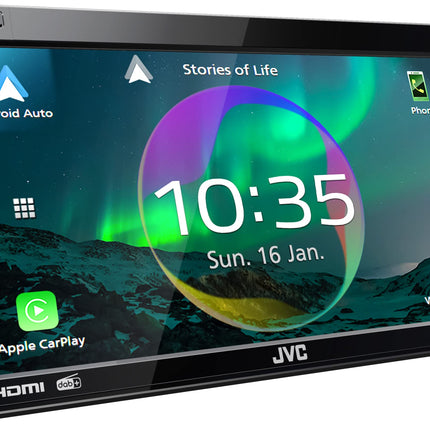 JVC KW-M875DBW - 17,3 cm (6,8") digitaalne meedia AV-vastuvõtja juhtmevaba CarPlay ja Android Auto funktsiooniga (4x50W, DAB+/FM, BT, 3x eelväljundit 4V, USB-C, iPod/iPhone'i juhtimine)