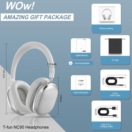 T-fun NC95 hübriidsed mürasummutavad kõrvaklapid, kõrvapealsed kõrvaklapid, juhtmevabad, Bluetooth 5.3, läbipaistvusrežiim, sisseehitatud mikrofon, 65 tundi mänguaega, rakenduse juhtimine, loominguline ketasjuhtimine