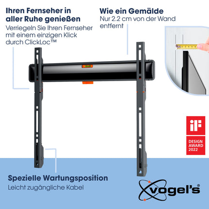 Vogel's Comfort TVM 3405 lameekraaniga teleri seinakinnitus 32–77-tollistele teleritele, max. 50 kg, teleri kinnitus max. VESA 400x400, universaalne ühilduvus, kaugus seinast vaid 2,2 cm