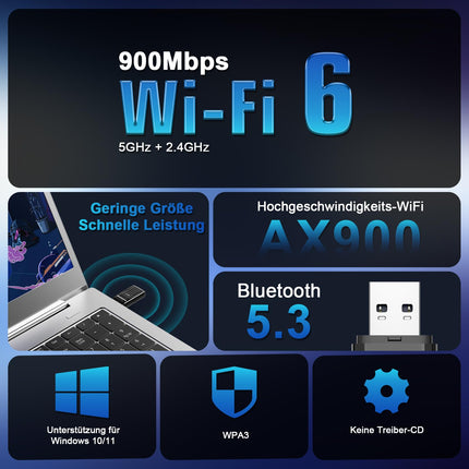 WONLINK WiFi-pulk arvutile, AX900 Bluetooth 5.3 WiFi 6 USB-adapter Dongle kahesageduslik interneti WiFi-pulk arvutile/lauaarvutile/sülearvutile, USB WiFi-adapter sisseehitatud draiveriga, ühildub Windows 11/10, WPA3-ga