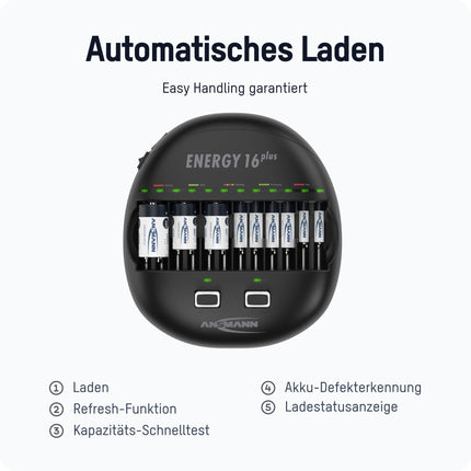 ANSMANN akulaadija LED-ekraaniga NI-MH NI-CD AAA AA Baby C Mono D 9V plokkakude jaoks, kiirlaadimine, USB-laaditavate seadmete laadimine, aku hooldus