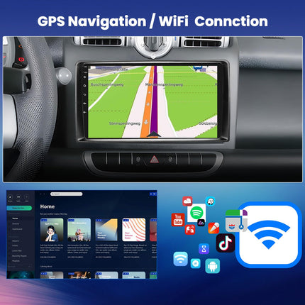 OiLiehu 4+64G 8-tuumaline Android 13 topelt-DIN raadio Mercedes Benz Smart Fortwo 451 2005-2010 CarPlay Android Auto autoraadio 9-tollise ekraaniga, Bluetooth GPS FM RDS WiFi DSP/EQ+tagurduskaamera