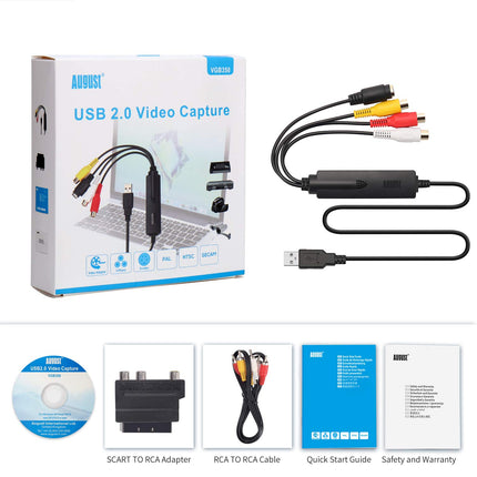 USB Video Grabber – August VGB350 Converter with Composite and S-Video connection for digitizing VHS Hi8 cassettes to DVD USB hard drive – Supports SECAM PAL NTSC – Compatible with Windows