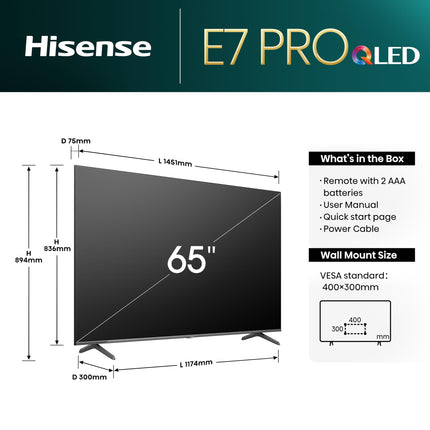 Hisense 65E7NQ Pro 164 cm (65-tolline) televiisor, 4K UHD, QLED, nutiteler, Total HDR, Dolby Vision IQ Atmos, 144 Hz (VRR), HDMI 2.1, mängurežiim PRO, kolmekordne tuuner, sisseehitatud Alexa, tumehall, [2024]