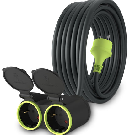 MutecPower 10m pikenduskaabel 2 Schuko pistikupesaga välistingimustes kasutamiseks IP44 H05RR-F3G 1,5mm² topeltpikenduskaabel 2 maandatud pistikupesaga 2-suunaline välistingimustes kasutatav jaotuskaabel 10 meetrit must/roheline