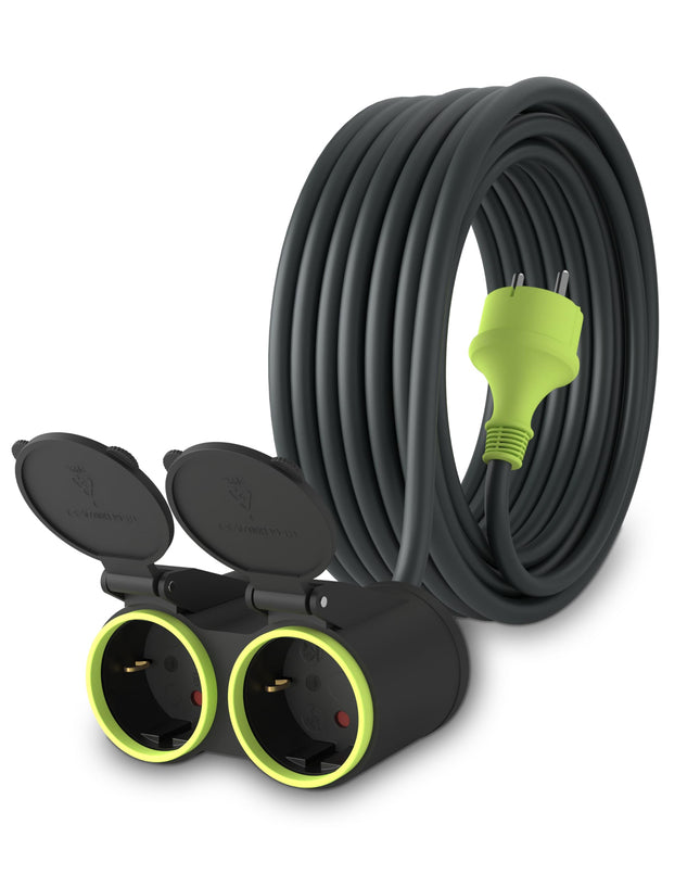MutecPower 10m pikenduskaabel 2 Schuko pistikupesaga välistingimustes kasutamiseks IP44 H05RR-F3G 1,5mm² topeltpikenduskaabel 2 maandatud pistikupesaga 2-suunaline välistingimustes kasutatav jaotuskaabel 10 meetrit must/roheline