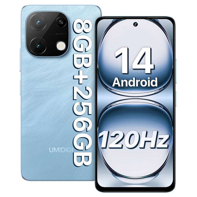 UMIDIGI mobiiltelefon Android 14, 8(4+4)+256GB/1TB TF nutitelefon ilma lepinguta, 120Hz 6.8-tolline HD+ nutitelefon, Bluetooth 5.2, 5000mAh, Octa Core, 4G kahe SIM-kaardiga/Face ID/Sõrmejäljelugeja/13MP/GPS/OTG-Note 100A sinine