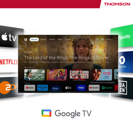 THOMSON voogedastuspulk 140 | Google TV | 4K UHD | Google Assistant | Googlecast | WiFi | Bluetooth 5.0 | HDMI | Dolby Atmos | DTS Digital Surround | HDR10 | 2 GB RAM | 8 GB salvestusruum