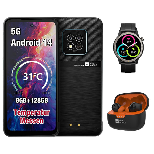 AGM X6 5G õuetelefon ilma lepinguta nutikella ja kõrvaklappidega, 8GB+128GB/512GB, 6,78'' FHD+ ekraan, Android 14 vastupidav veekindel nutitelefon, 50MP+16MP, topelt-SIM/Face ID/5000mAh aku, must