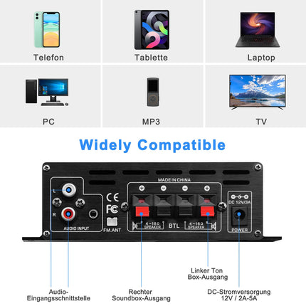 AK-380 Bluetooth 5.0 HiFi Amplifier 2.0-Channel 40W x 2 Max. 400W Mini Amplifier Stereo Audio Power Amplifier Receiver with USB SD Slot, FM Radio for Car and Home Speakers