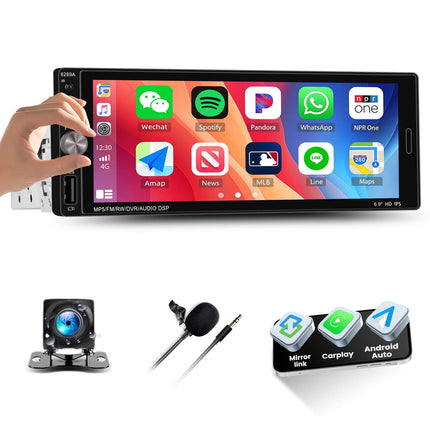 SIXTOP 1 DIN autoraadio juhtmega Carplayga, Android Auto autoraadio, Android 13 puutetundliku ekraaniga, 6,9-tollise ekraaniga, GPS/WiFi, Bluetooth, FM Mirror Link, EQ/USB/SWC+AHD tahavaatekaamera ja mikrofoniga