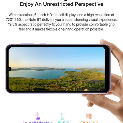 Ulefone Android 12 nutitelefon, Note 6T, 3 GB + 64 GB, 8,5 mm üliõhuke 4G kahe SIM-kaardiga mobiiltelefon, 6,1-tolline HD+ ekraan, 3 kaardipesaga disain, 13 MP + 5 MP kaamera, näotuvastus, GPS, lilla