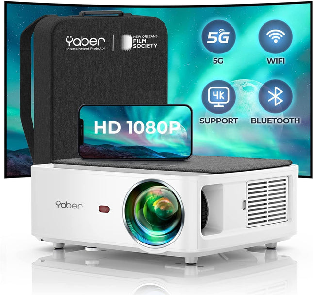 Projektor Full HD 1080P, YABER 25000 luumeniga WiFi Bluetooth-projektor kodukino 4K video tugi 4D/4P trapetsikorrektsioon, -50% suum, PPT esitlus, kaasaskantav projektor kotiga, ühildub TV Stick/PC/PS5-ga