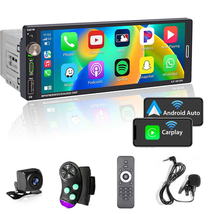 Alondy autoraadio 1Din ekraaniga (6,9"), ühildub Apple CarPlayga [juhtmevaba], Android Auto, Bluetooth, USB (C-tüüp, 2.1A kiirlaadimine), tahavaatekaamera, AM/FM/RDS raadio.