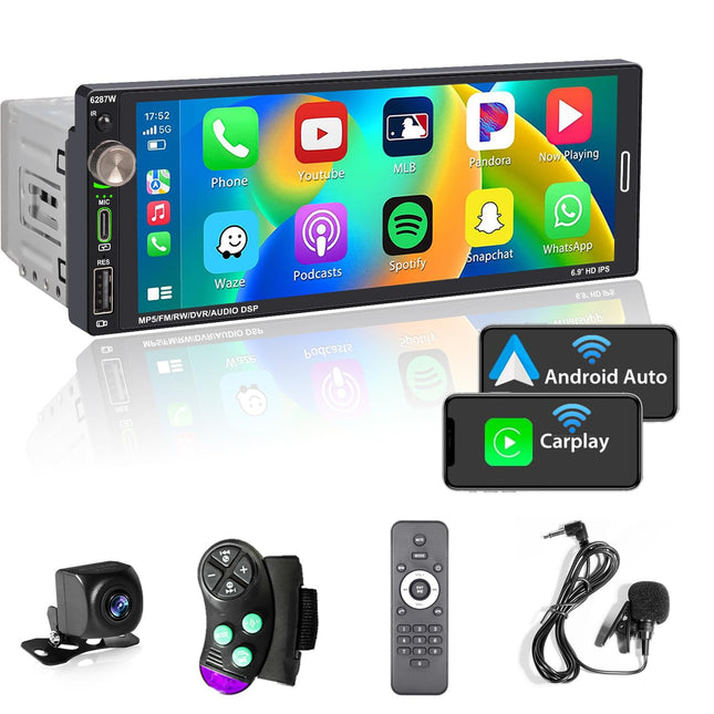 Alondy autoraadio 1Din ekraaniga (6,9"), ühildub Apple CarPlayga [juhtmevaba], Android Auto, Bluetooth, USB (C-tüüp, 2.1A kiirlaadimine), tahavaatekaamera, AM/FM/RDS raadio.