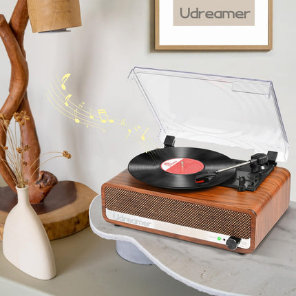 Udreamer plaadimängija kõlariga, Bluetooth-plaadimängija, vintage-vinüülimängija, toetab USB-AUX-sisendit, kõrvaklappe, RCA-liiniväljundit, 3 kiirust, rihmülekanne, peeglidisain, oranžkollane