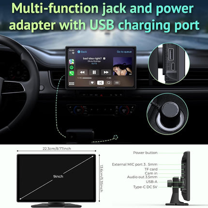 APHQUA CarPlay ekraan autole, 9-tolline juhtmevaba Apple CarPlay ja Android Auto autostereo, kaasaskantav puuteekraan autos mängimiseks GPS-navigatsiooni/peegliühenduse/Bluetoothi/FM/AUX/USB-ga (A98RC)