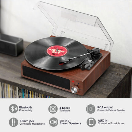 Record Player, FYDEE Vinyl Record Player Bluetooth Record Player Vintage Turntable with Built-in Stereo Speaker and 3-Speed ​​33/45/78 RPM, RCA Output, AUX Input - Walnut