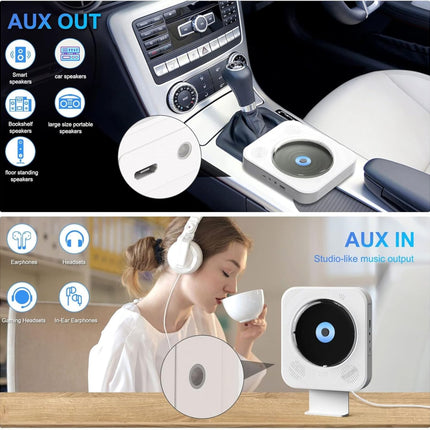 CD-mängija Bluetooth kaasaskantav CD-mängija seinale kinnitatava kodukinosüsteemiga Boombox puldiga, HiFi kõlarid USB MP3 taasesitusega, FM-raadio, 3,5 mm AUX-sisend kõrvaklappide jaoks