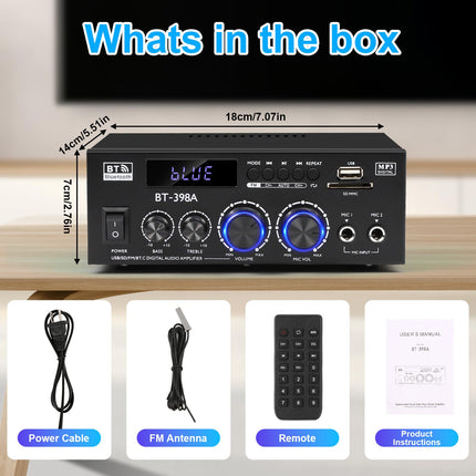 Romicta HiFi Stereo Amplifier, 450Wx2, 2-Channel Mini Bluetooth Amplifier with FM Radio, USB/SD, Optical &amp; Coaxial Inputs – Compatible with Passive Speakers &amp; Active Subwoofer
