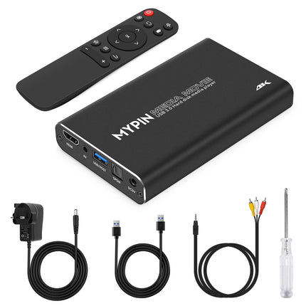 4K HD Media Player, MYPIN HDMI/AV/Coax Output for MP4 MP3 MKV with Remote Control, Videos and Photos with USB3.0 Drive/SD Card/HDD/External Device, Supports the Use of Internal