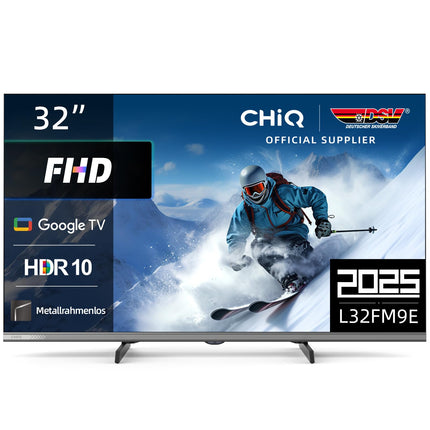 CHIQ L32FM9E 32-tolline (80 cm) FHD nutiteler, HDR10 ja HLG, Google TV, Dolby Audio, DBX-TV, Google Assistant, kolmekordne tuuner DVB-C/T/T2/S/S2, Chromecast integreeritud, metallraamita, must