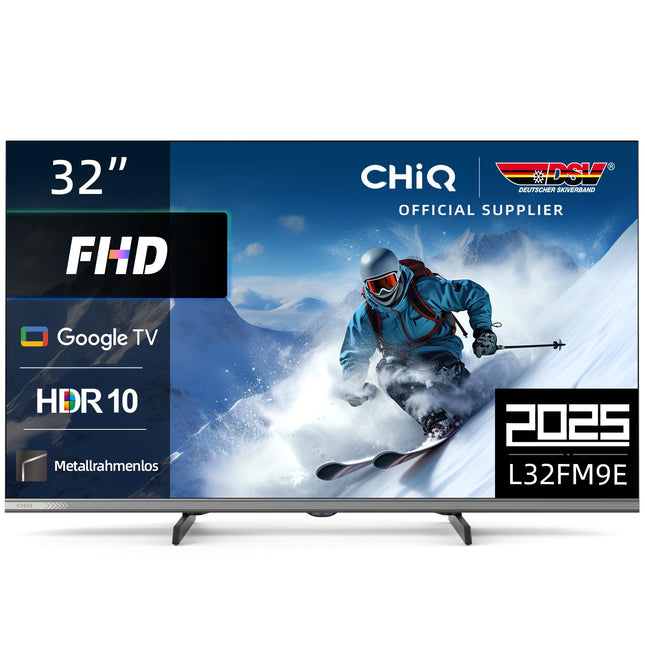 CHIQ L32FM9E 32-tolline (80 cm) FHD nutiteler, HDR10 ja HLG, Google TV, Dolby Audio, DBX-TV, Google Assistant, kolmekordne tuuner DVB-C/T/T2/S/S2, Chromecast integreeritud, metallraamita, must