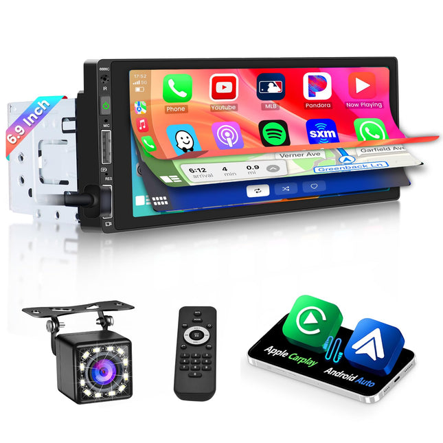 Hikity Carplay Android Auto juhtmega, 1 DIN autoraadio, 6,86-tolline ekraan, Bluetooth käed-vabad peegliühendus, puutetundliku ekraaniga autoraadio FM/EQ/USB/tagurduskaamera/mikrofoniga
