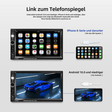 NHOPEEW kahe DIN-iga raadio, mis toetab Androidi/iPhone'i Mirror Linki, 2 DIN-i ja 7-tollise puutetundliku ekraaniga autoraadio Bluetooth-vabakäesüsteemiga, kahe USB-, SD- ja AUX-pesaga, roolil juhtimisega ja tahavaatekaameraga.