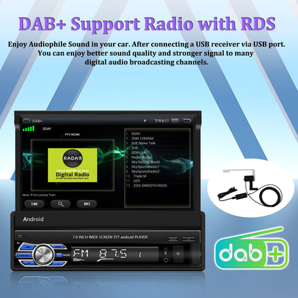 CAMECHO DAB+ Android autoraadio 1 DIN navigatsiooniga, 7-tolline pikendatav ekraan Bluetoothi ​​ja vabakäesüsteemiga, peegliühendusega, AUX-sisendiga, FM-ühendusega, USB-ga, tahavaatekaamera ja mikrofoniga.