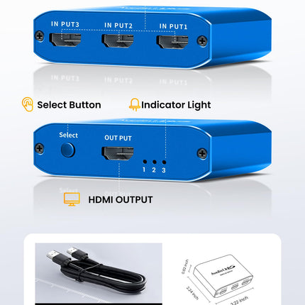 avedio lingid HDMI-lüliti koos 3,9 jala pikkuse HDMI-kaabliga, 4K@60Hz alumiiniumist HDMI-lüliti 3 sisse- ja 1 väljundiga, HDMI-jaotur 3 sisse- ja 1 väljundiga, toetab 3D-d, HDCP2.2, HDR10, 18 Gbit/s Fire Sticki, PS5, Xboxi, DVD ja Blu-Ray jaoks. Sinine.