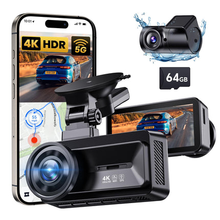COOLCRAZY Dashcam Car Front Rear 4K Full HD Dual Dash Camera for Cars Built-in 5G WiFi GPS 64GB Card Car Camera with 3 Inch IPS Screen UHD 2160P Night Vision HDR App Control 24H Parking Monitor