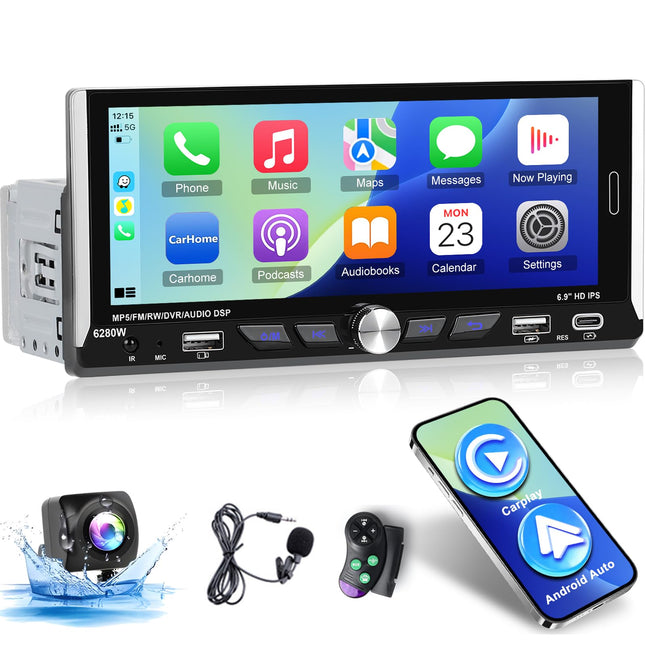 1 DIN autoraadio juhtmevaba Carplay ja Android Auto funktsiooniga - 6,9-tolline 2,5D IPS puutetundliku ekraaniga autoraadio ekvalaiseriga FM/RDS raadio SWC TF/USB ketta/Type-C sisendiga + AHD tahavaatekaamera