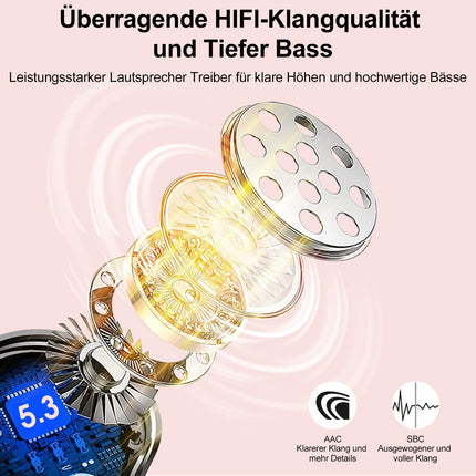 Bluetooth-kõrvaklapid, juhtmevabad Bluetooth 5.3 kõrvaklapid 4 ENC mürasummutava mikrofoniga, juhtmevabad HiFi stereokõrvaklapid, LED-ekraan, 40 tundi mänguaega, kõrvasisesed kõrvaklapid tööks, mängimiseks, sportimiseks, roosakuldne