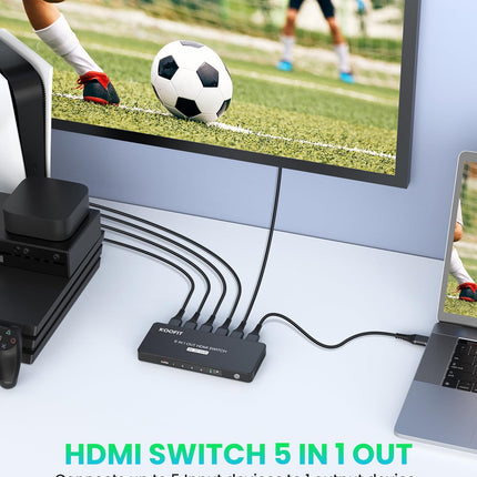 HDMI-lüliti 4K, HDMI-jaotur 5 sisendit ja 1 väljundit koos IR-kaugjuhtimispuldiga, lüliti 5 pordi valikukast toetab HDCP 2.2 HDR10 3D 18Gbps 4K 3D HDR-i teleripulgale HDTV Xboxile