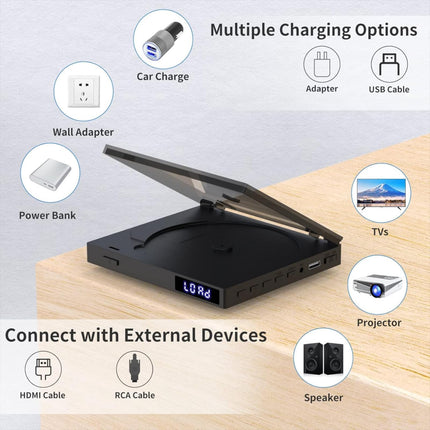 Mini DVD-mängija sisseehitatud HiFi-kõlariga, HDMI, mälu taasesituse funktsioon, kompaktne, kõik piirkonnad vabad, USB-taasesitus, HDMI- ja RCA-kaabel
