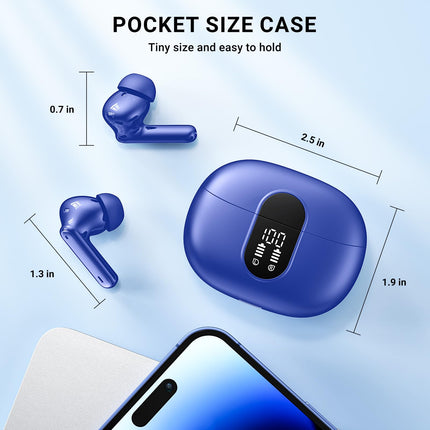 AOVOCE Bluetooth-kõrvaklapid, kõrvasisesed juhtmevabad Bluetooth 5.3 kõrvaklapid 42H sügava bassiga, spordikõrvaklapid 4 mikrofoniga, veekindlad kõrvaklapid ENC mürasummutusega, LED-ekraan, USB-C, sinine