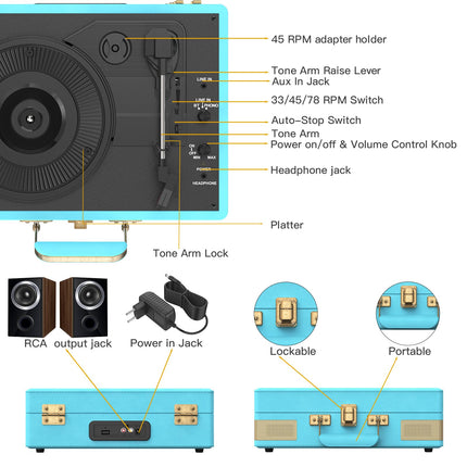 Trynnay Record Player 3-Speed ​​Bluetooth Portable Suitcase Vinyl Player with Built-in Speakers Record Player Enhanced Audio Sound PU Leather Vintage Blue