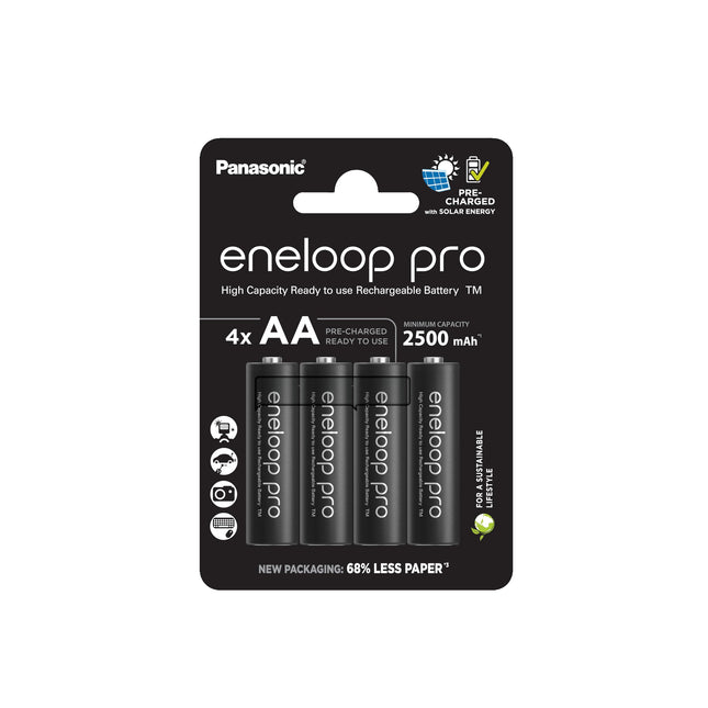 eneloop pro, AA/Mignon NI-MH laetav aku, 4 tk pakis, mahutavus min. 2500 mAh, kasutusvalmis NI-MH laetavad akud, laetav kuni 500 korda, plastvaba pakend, pro, must