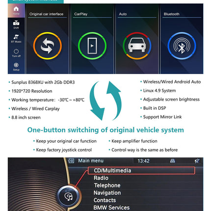 Ninetomi 10,25-tolline autoraadio, Apple CarPlay/Android Auto/Mirrorlink/GPS 2010-2012 BMW 5. seeria F10/F11 mudelitele koos CIC puutetundliku ekraaniga autoraadio, GPS-navigatsiooniga autole, integreeritud DSP-ga