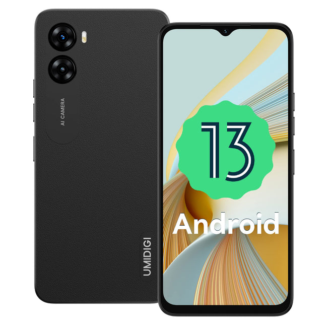 UMIDIGI G3 Plus nutitelefon ilma lepinguta (2023), Android 13 mobiiltelefon, 8 GB + 128 GB/1 TB SIM-kaardivaba mobiiltelefon, 6,52" HD+ ekraan, 5150 mAh, 13 MP, 4G kahe SIM-kaardiga koolilaste mobiiltelefon/näotuvastuse/sõrmejälje/OTG/GPS (must)