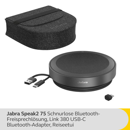 Jabra Speak2 75 Wireless Bluetooth Speakerphone for Work and Music - 4 Microphones, 65 mm Speaker - New Pairing Feature, USB-C Adapter, Zoom and Google Meet, Dark Grey