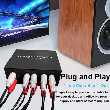 4-Way Bidirectional L/R RCA Stereo Audio Switcher, 1 in 4 Out or 4 in 1 Out, L/R Sound Channel Audio Splitter Audio Selector Switch Box for DVD Stereo Speaker CD Player