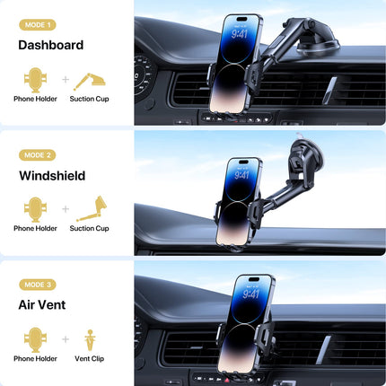 Miracase 360 ​​kraadi pööratav autotelefonihoidik, 3-ühes universaalne autotelefonihoidik iminapa ja ventilatsiooniga, autokinnitus ühildub iPhone 16/15/14/13 Pro Maxi, Samsung S25/S24/S23 Ultraga