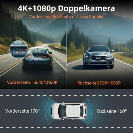 Auto armatuurlaud ees ja taga 4K+1080P, Auto armatuurlaud GPS WiFi-ga, Topelt autokaamera 32GB kaardiga, 170° lainurk, Super öine nägemine WDR, 24H parkimise jälgimine, G-andur, tsükkelsalvestus, rakenduse juhtimine, max 256GB