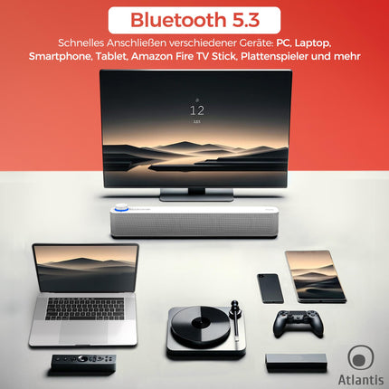 Atlantis Soundbar PC 20W, arvutikõlar, 3,5 mm pesa + Bluetooth 5.3 nutitelefonile, FireTV-le, plaadimängijale, 2400 mhA aku, FM-raadio, arvutikõlar, kaasaskantav, teler, nutitelefon 420x60x74 mm P003-C0820-B